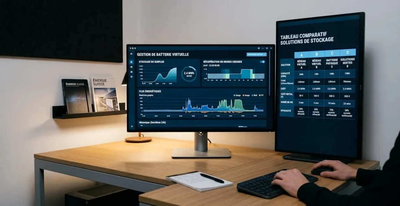 Interface de gestion de batterie virtuelle sur écran d'ordinateur montrant le stockage et la récupération du surplus énergétique