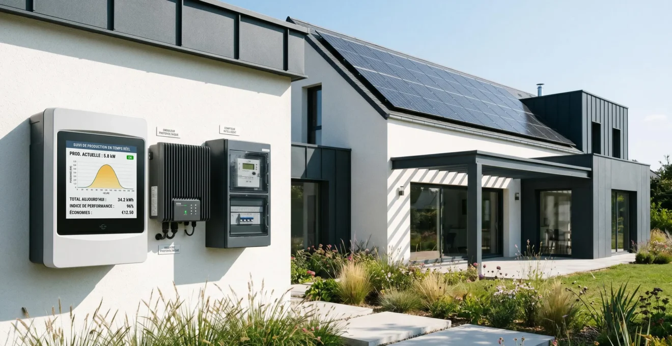 Maison moderne équipée de panneaux solaires avec système de monitoring connecté affichant les données de production en temps réel